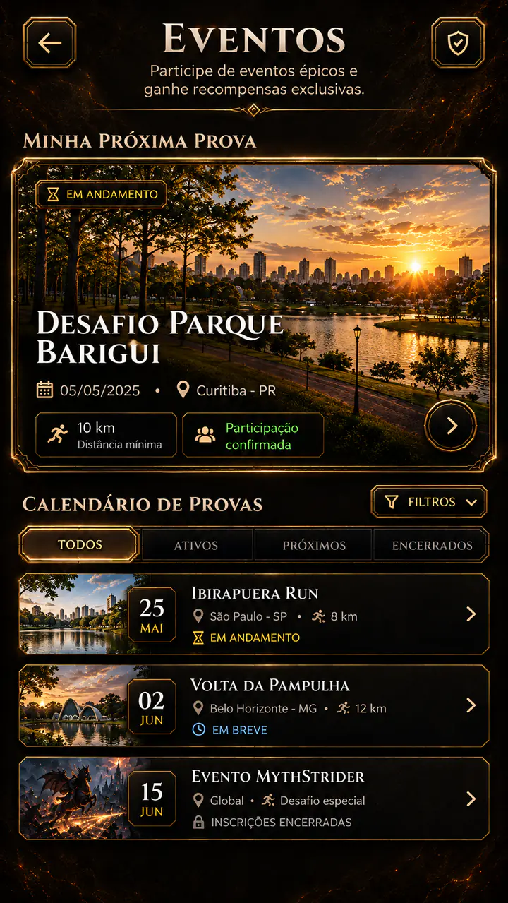 Pantalla de eventos de MythStride con la próxima carrera confirmada y el calendario de carreras.