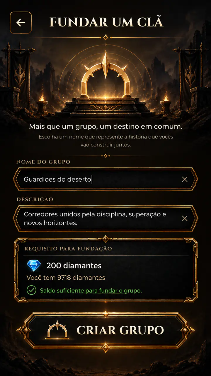 Tela de criação de grupo do MythStride com nome, descrição e requisito de fundação.
