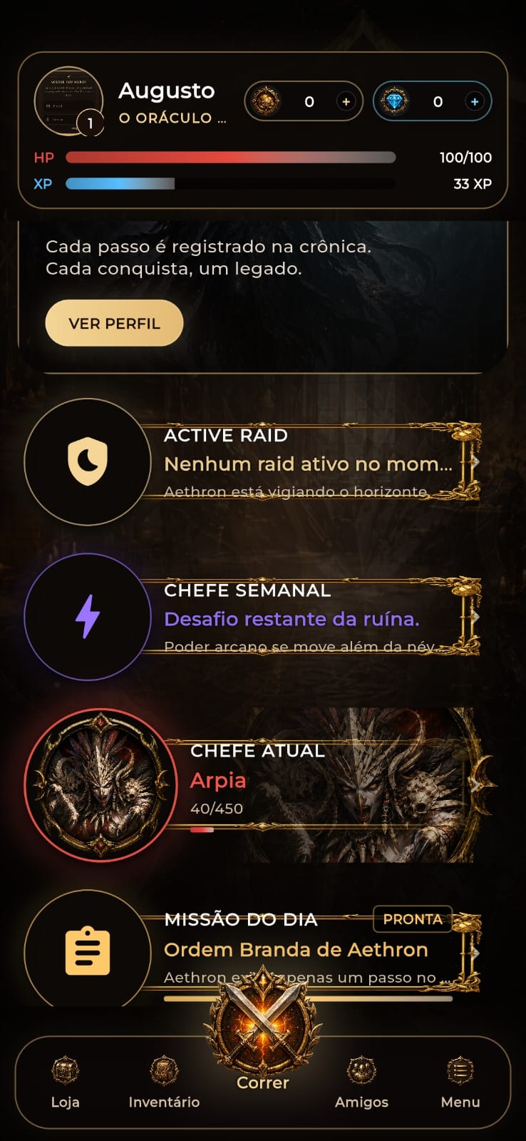 MythStride dashboard showing player progress and current boss