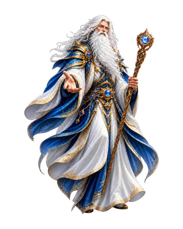 Aethron, the Keeper of the Flame, holding his staff.