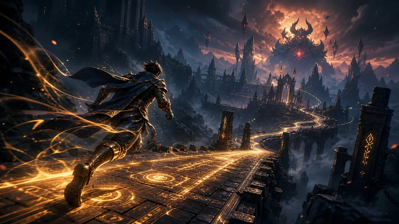 A Strider running along a trail of lit runes toward a fortress in Elyndor.